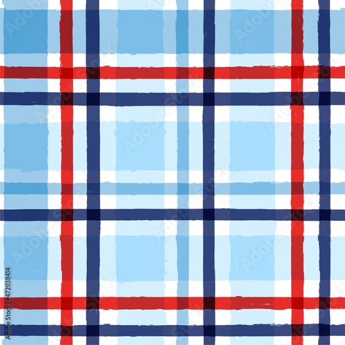 Plaid check patten. Seamless vector tartan texture print. dark navy, blue, red and white watercolor stripes, checkered male graphic background.