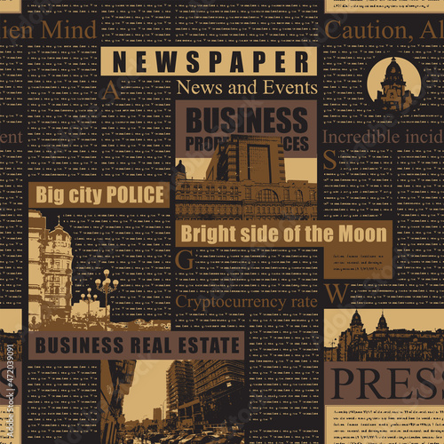 Seamless pattern with headlines, illustrations and illegible text on a dark backdrop. Vector repeating background, wallpaper, wrapping paper, fabric with old newspaper or magazine pages in retro style