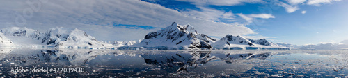 Ocean and Ice Landscapes with snow and icebergs from Paradise Bay in Antarctica.