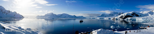 Ocean and Ice Landscapes with snow and icebergs from Paradise Bay in Antarctica.