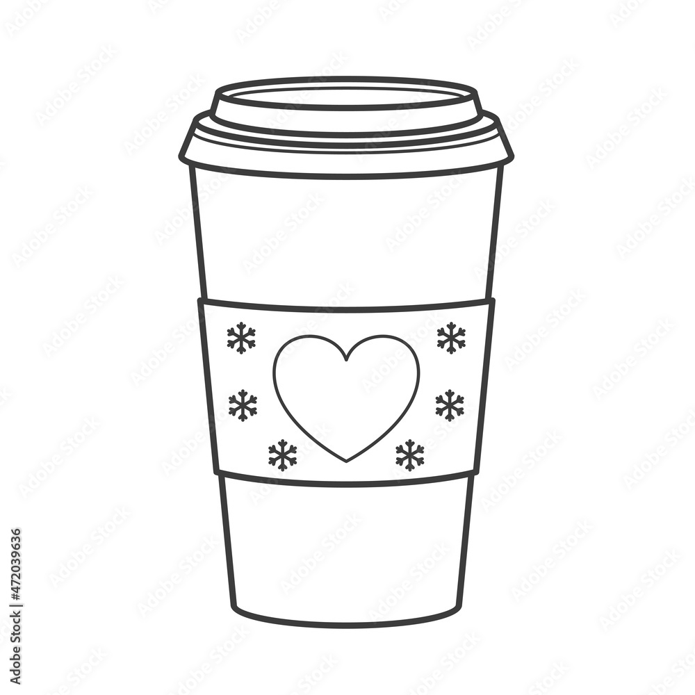 A paper cup for coffee to go. A glass with a heart and snowflakes is a symbol of the seasonal menu. Vector linear illustration isolated on white background A paper cup for coffee to go. A glass with a heart and snowflakes is a symbol of the seasonal menu. Vector linear illustration isolated on white background