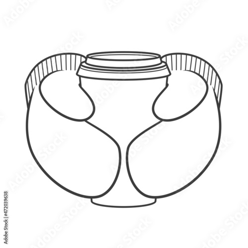 Hands in mittens hold a paper coffee cup with a lid. Coffee with wallpaper in winter. Vector linear illustration isolated on white background