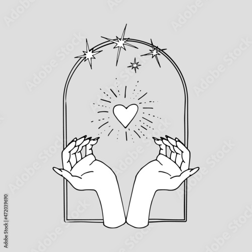 Vintage Mystic hands and shining heart inside arch with stars Illustration