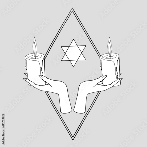 Vintage Gold and Black Mystic Hands holding candles with hexagram. Witch hands drawing Illustration
