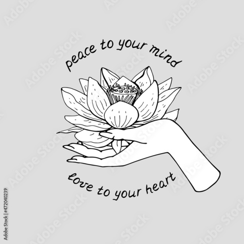 Vintage Gold and Black Mystic Hand holding lotus flower with lettering Peace to your mind love to your heart illustration.