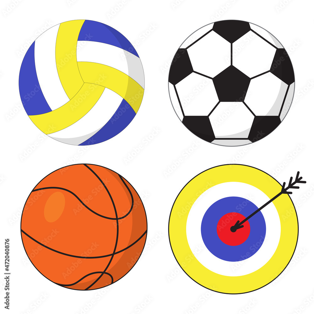 Set of sport equipment. Volleyball, football or soccer and basketball balls. Target for darts with arrow in the center of it. Reaching a goal and healthy lifestyle concept. Prints for decor. 