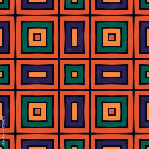 African style seamless surface pattern in bright colors. Ethnic motif. Repeated squares ornamental abstract background. Tribal digital paper. Geometric textile print. Page fill. Vector illustration