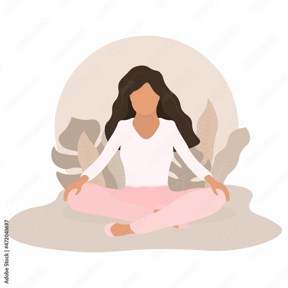 Young woman sitting in yoga lotus pose. Concept of meditation. Vector illustration in flat style.
