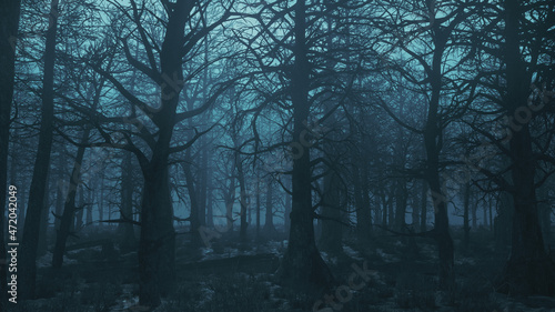 3d render gloomy night forest side view