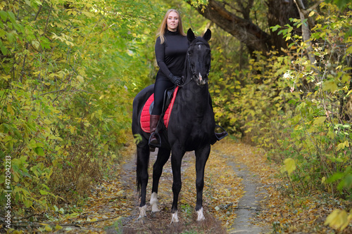 Beautiful girl ride her horse in autumn forest at sunset 