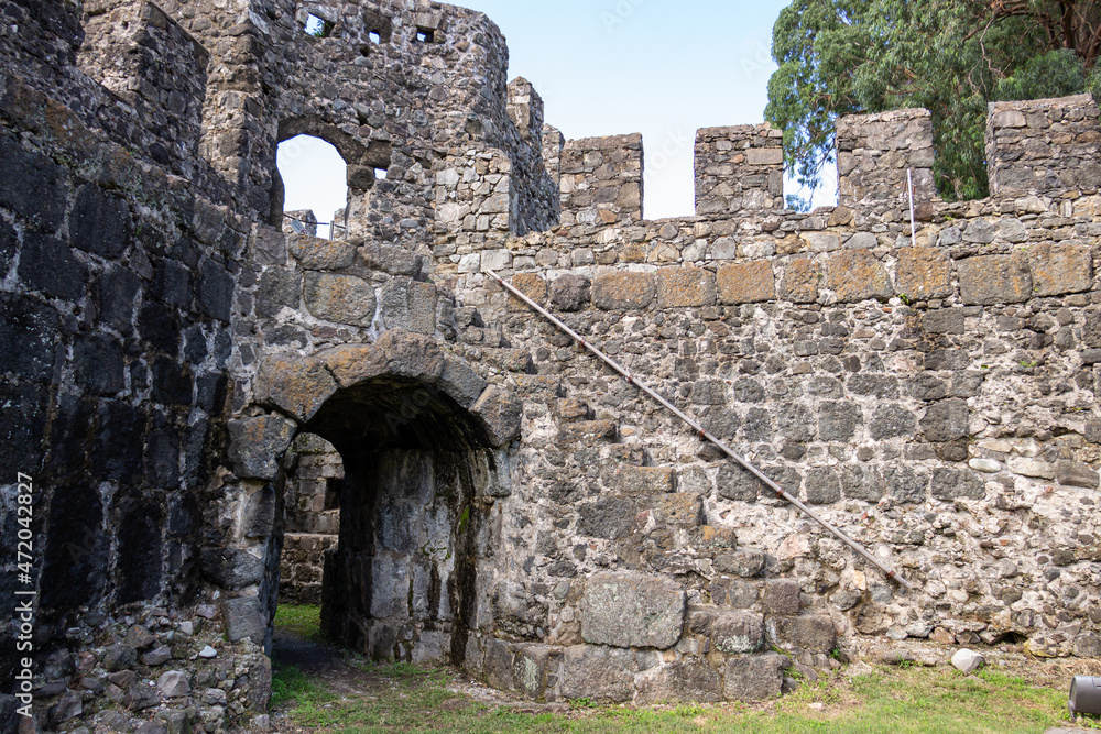 Batumi, Georgia – September, 2021: Elements of walls and towers of the defensive structures of the fortress of Gonio-Apsaros, the oldest, several millennia age Roman fortification in Adjara