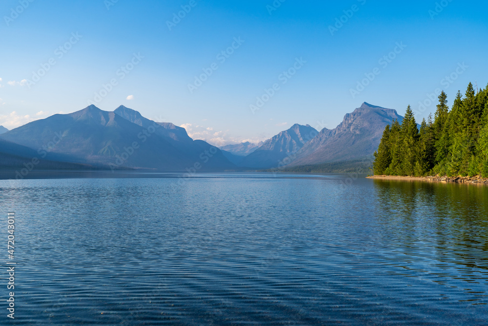 Lake McDonald in Glacier National Park in Montana on a sunny summer evening