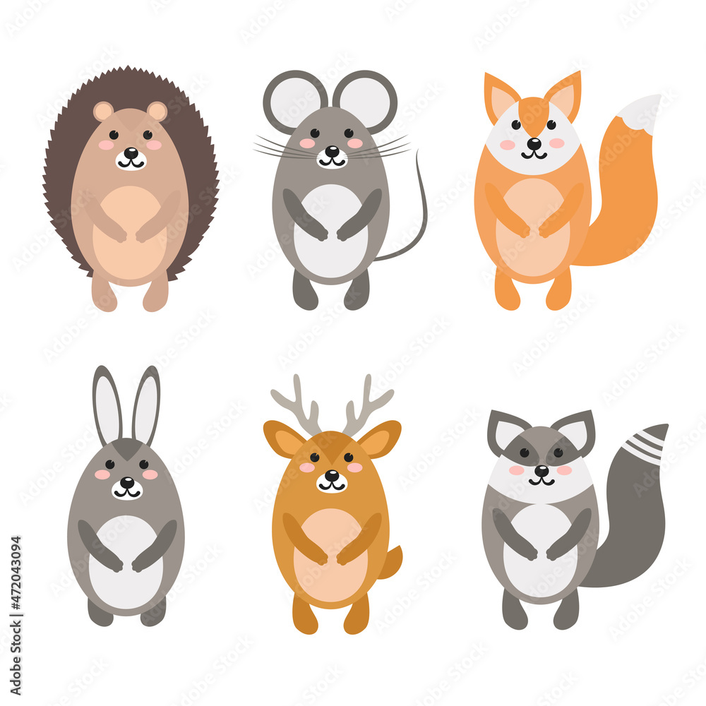 Obraz premium hedgehog, mouse, fox, hare, deer, raccoon. set of cartoon forest animals. childrens vector illustration in flat style