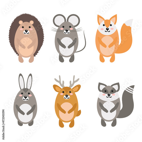  hedgehog, mouse, fox, hare, deer, raccoon. set of cartoon forest animals. childrens vector illustration in flat style