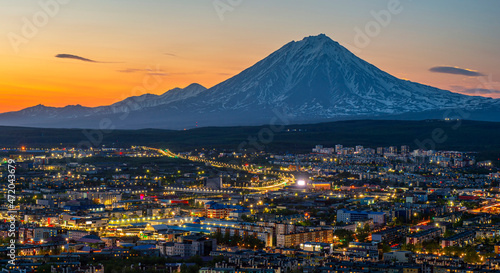 Kamchatka Peninsula, Russia. Petropavlovsk-Kamchatsky, evening city on the background of volcanoes. Russian tourism