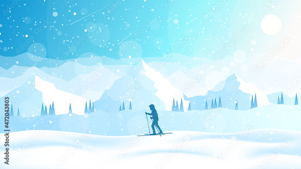 Winter landscape. Skiing in the mountains. Adventures, hiking, tourism, outdoor sports. Travel concept of discovering, exploring. Minimalist polygonal flat design graphic poster. Flat illustration