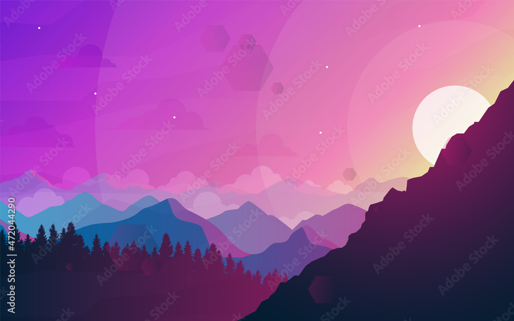 Mountains landscape. Sunset scene in nature with mountains, forest, silhouettes of trees. Hiking tourism. Adventure. Minimalist graphic flyers. Polygonal flat design for coupons, vouchers, gift cards