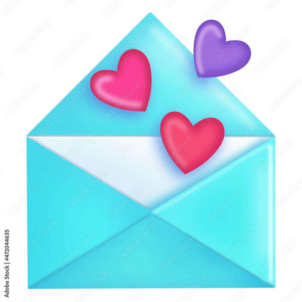 illustration of bright blue envelope with love letter and colorful hearts isolated on white background illustration of bright blue envelope with love letter and colorful hearts isolated on white background