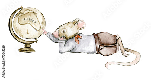 Watercolor travelling mouses clipart set, map, adventure
