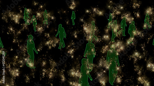 Outlines of many people walking against background of glitter , fireworks, sparkles. Party, celebration , festive night club theme . 3d render illustration