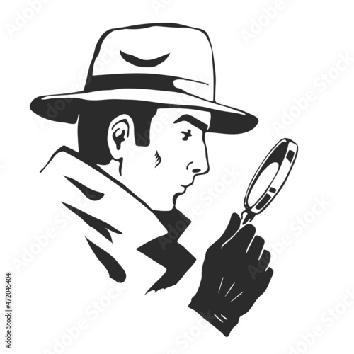 Male detective with a magnifying glass in his hand. On the head is a hat. Investigation and search for evidence. Vector black and white sketch illustration