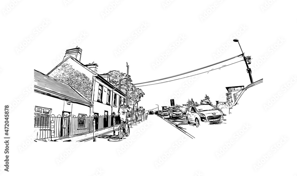 Building view with landmark of Limerick is the 
city in Ireland. Hand drawn sketch illustration in vector.