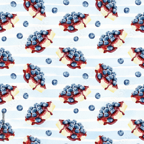 Seamless pattern with watercolor cheesecake and blueberry on striped background.
