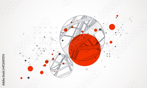 Vector abstract background with a wireframe dynamic pipes, line and particles inside circle.