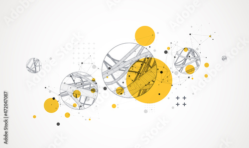 Vector abstract background with a wireframe dynamic pipes, line and particles inside circle.