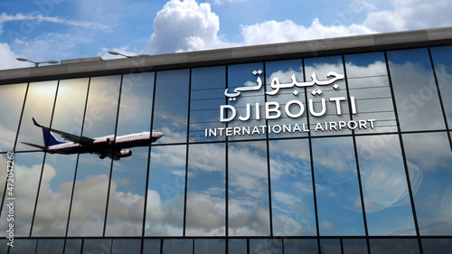 Tableau sur toile Airplane landing at Djibouti Jibuti airport mirrored in terminal