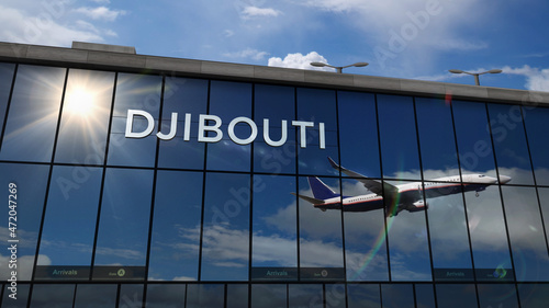 Cuadro en lienzo Airplane landing at Djibouti Jibuti airport mirrored in terminal