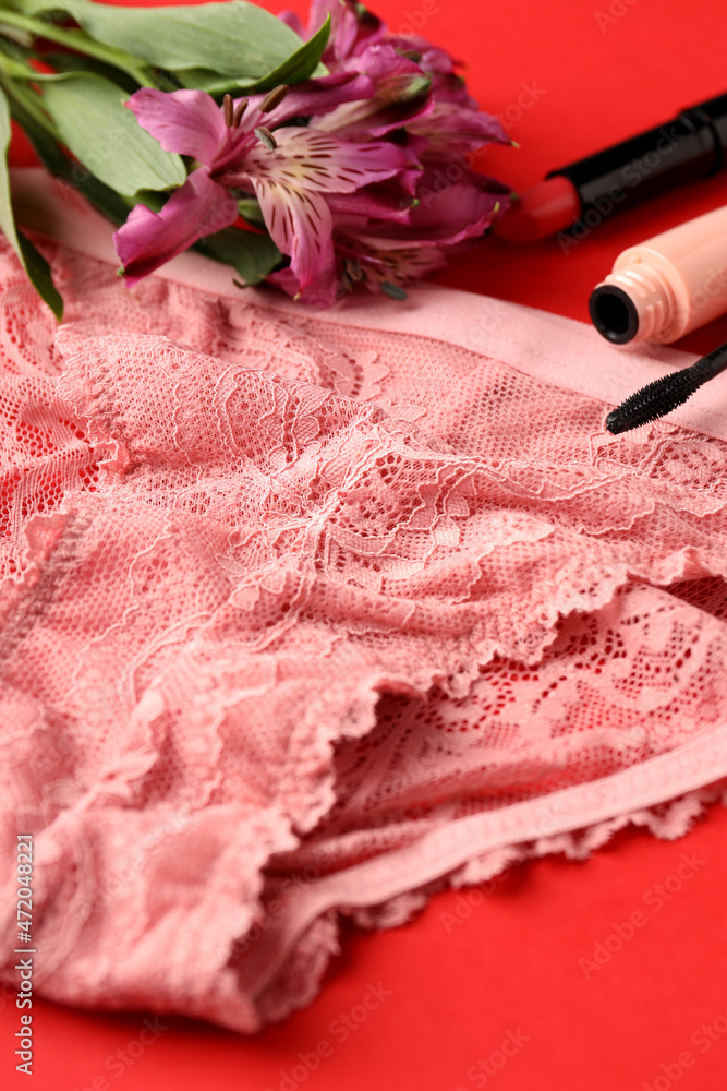 Concept of womens clothes with underwear on red background Concept of womens clothes with underwear on red background