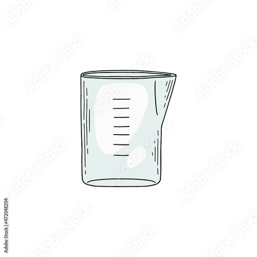Glass or plastic measuring cup with scale, sketch vector illustration isolated.