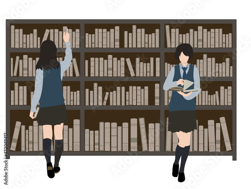 イラスト素材：本棚と本を選ぶ女子生徒