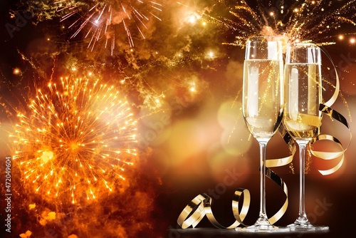 2022 New Year Celebration, Toast With Champagne And Fireworks On Abstract Defocused Background