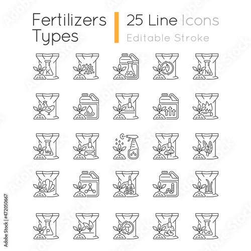Fertilizers type linear icons set. Organic, chemical supplements. Soil additives. Growth increasing. Customizable thin line contour symbols. Isolated vector outline illustrations. Editable stroke