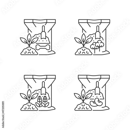 Organic supplements linear icons set. Natural fertilizers for ground. Growth increasing. Dry additive. Customizable thin line contour symbols. Isolated vector outline illustrations. Editable stroke