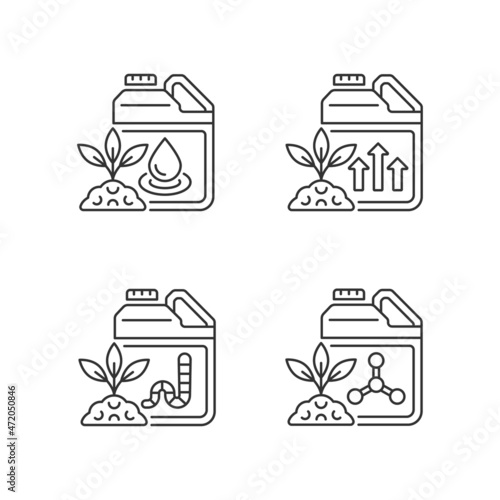 Liquid supplements linear icons set. Fluid fertilizer for ground and roots. Organic, chemical additives. Customizable thin line contour symbols. Isolated vector outline illustrations. Editable stroke