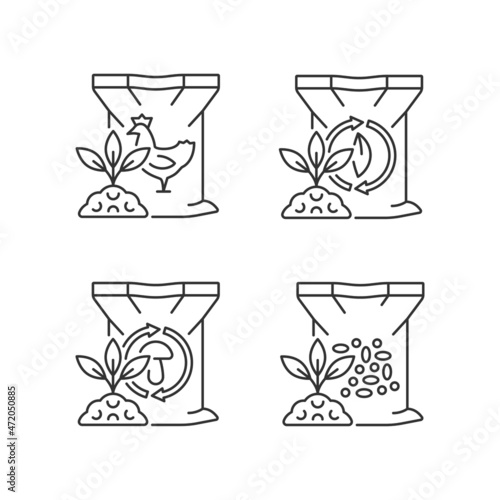 Byproduct fertilizers linear icons set. Organic supplements for soil. Natural powder additives. Customizable thin line contour symbols. Isolated vector outline illustrations. Editable stroke