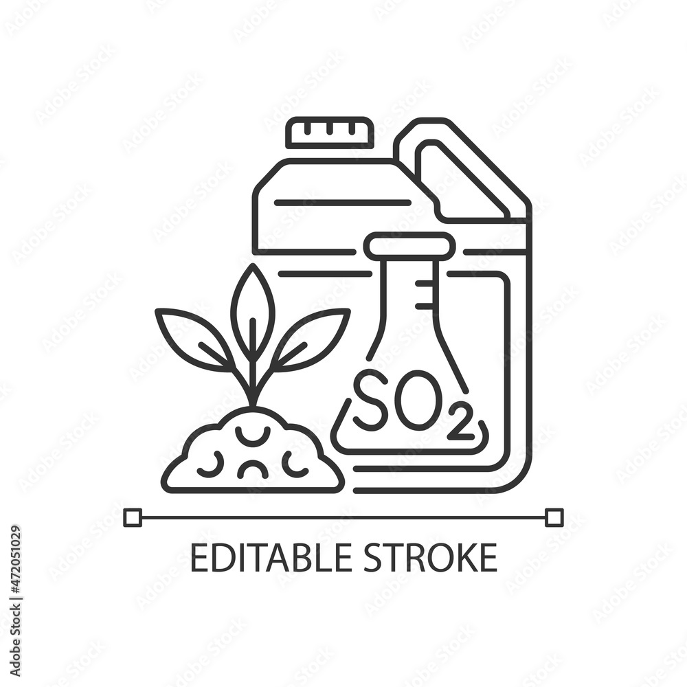 Sulphur fertilizer linear icon. Plants and crop nourishing. Growth and fertility increasing. Thin line customizable illustration. Contour symbol. Vector isolated outline drawing. Editable stroke Sulphur fertilizer linear icon. Plants and crop nourishing. Growth and fertility increasing. Thin line customizable illustration. Contour symbol. Vector isolated outline drawing. Editable stroke