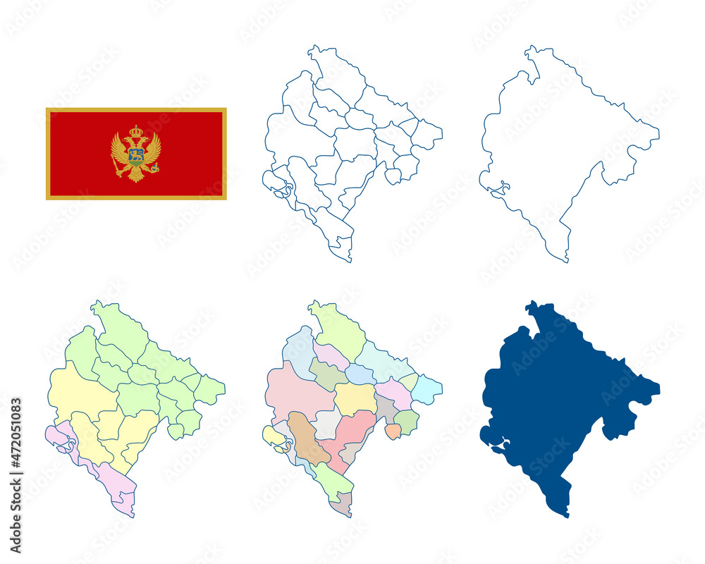Montenegro map. Detailed blue outline and silhouette. Administrative divisions. Regions of Montenegro and municipalities. Country flag. Set of vector maps. All isolated on white background.