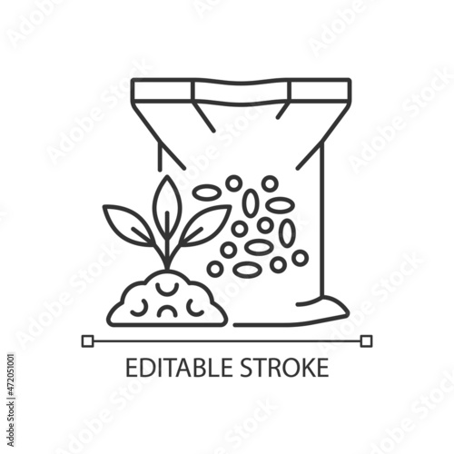 Granular fertilizer linear icon. Plants growth increasing. Grass and crops nourishment. Thin line customizable illustration. Contour symbol. Vector isolated outline drawing. Editable stroke