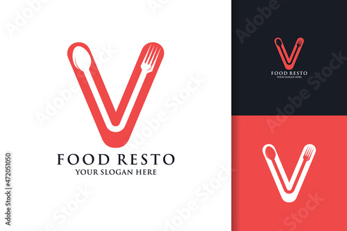 spoon fork letter V food restaurant inspiration logo