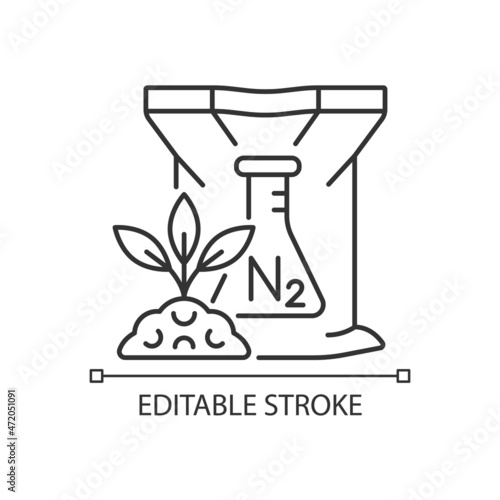 Nitrogen fertilizer linear icon. Plants and crop nourishing. Growth and fertility increasing. Thin line customizable illustration. Contour symbol. Vector isolated outline drawing. Editable stroke