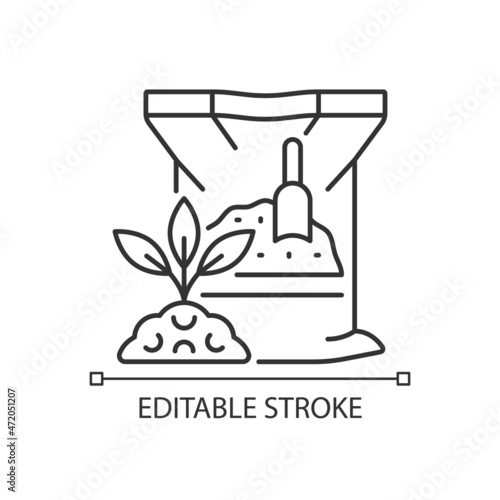Dry fertilizer linear icon. Mixture of supplements for plants and crops. Chemical nutrients. Thin line customizable illustration. Contour symbol. Vector isolated outline drawing. Editable stroke