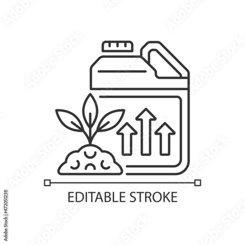 Growth enhancer linear icon. Plant and crops growing accelerator. Soil supplement and amendment. Thin line customizable illustration. Contour symbol. Vector isolated outline drawing. Editable stroke