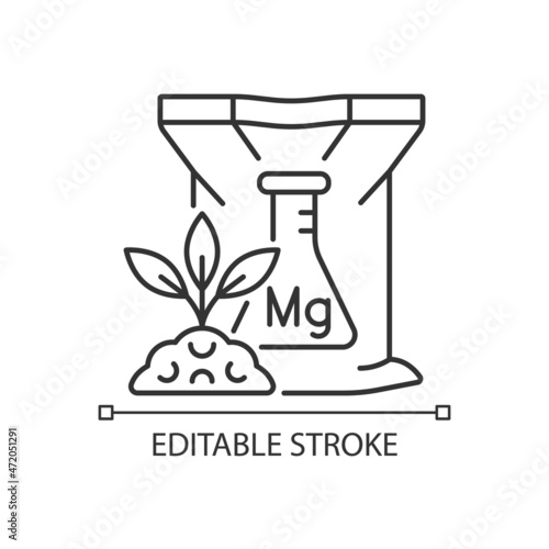 Magnesium fertilizer linear icon. Chemical plant and soil supplement. Magnesia ground enrichment. Thin line customizable illustration. Contour symbol. Vector isolated outline drawing. Editable stroke