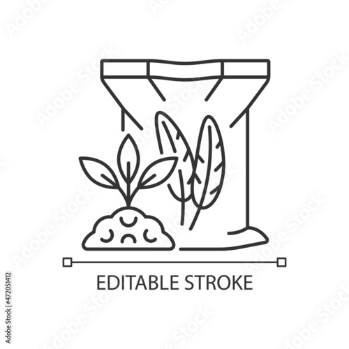 Feather meal linear icon. Organic soil and plants supplement. Poultry byproduct used as feeding. Thin line customizable illustration. Contour symbol. Vector isolated outline drawing. Editable stroke