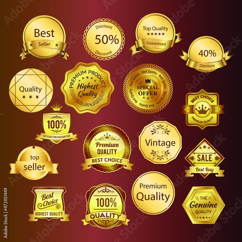 Premium Quality Best Choice Top Seller and Special Offer Golden Badges Flat Vector