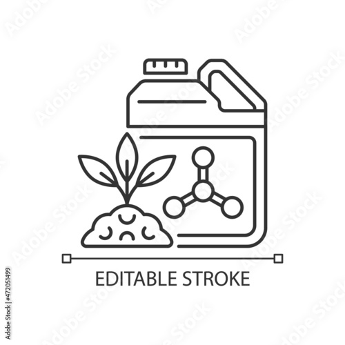 Synthetic fertilizers linear icon. Inorganic substance for feeding plants. Chemical feeding. Thin line customizable illustration. Contour symbol. Vector isolated outline drawing. Editable stroke